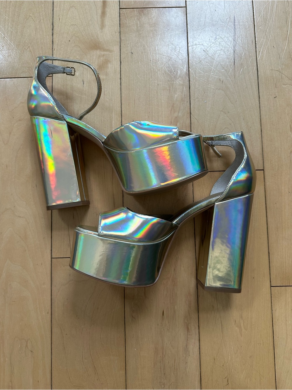 Holographic Platform Block Heel Sandals - Iridescent